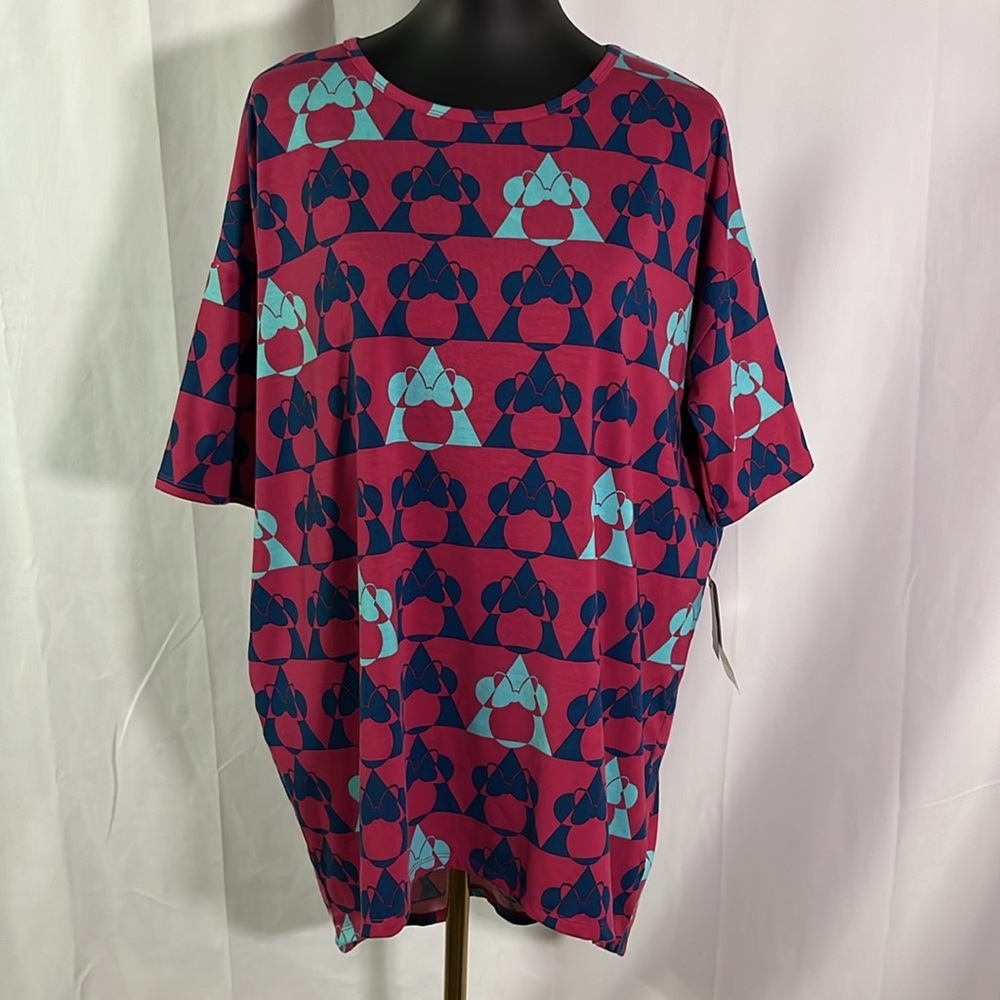 NWT LuLaRoe Raspberry & Blue Geometric Minnie Mouse Print Irma Tunic Top